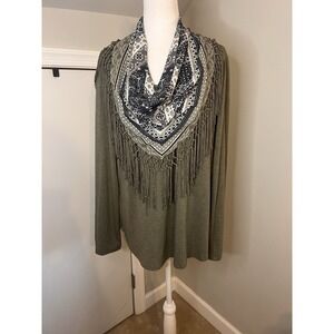 Style & Co Womens Green Cowl Neck Long Sleeve Fringed Detachable Scarf Shirt L